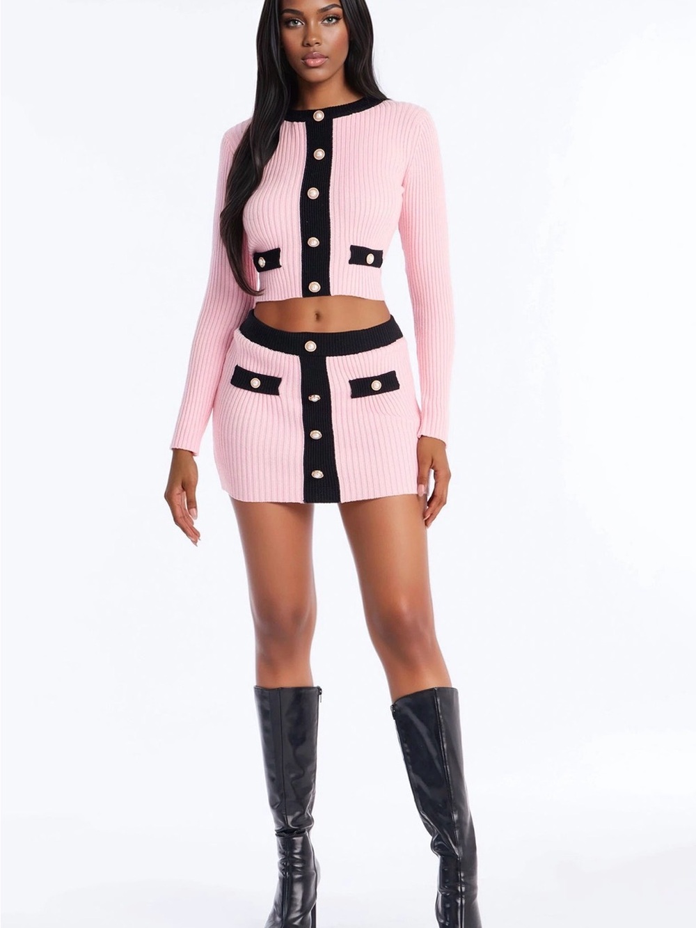 Ribbed Pink Sweater Mini Skirt with Black Trim